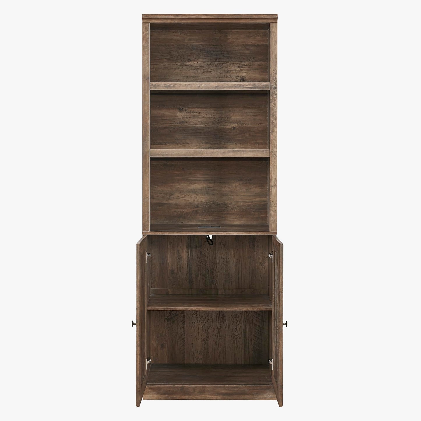 DiMorture 81" Tall Bookcase with USB Port, Wooden Book Cases Organizer with 3 Open Shelves and 2 Doors, Free-Standing Library Bookshelf Side Cabinet for Living Room, Bedroom (Brown)