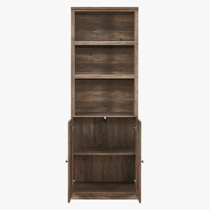 DiMorture 81" Tall Bookcase with USB Port, Wooden Book Cases Organizer with 3 Open Shelves and 2 Doors, Free-Standing Library Bookshelf Side Cabinet for Living Room, Bedroom (Brown)