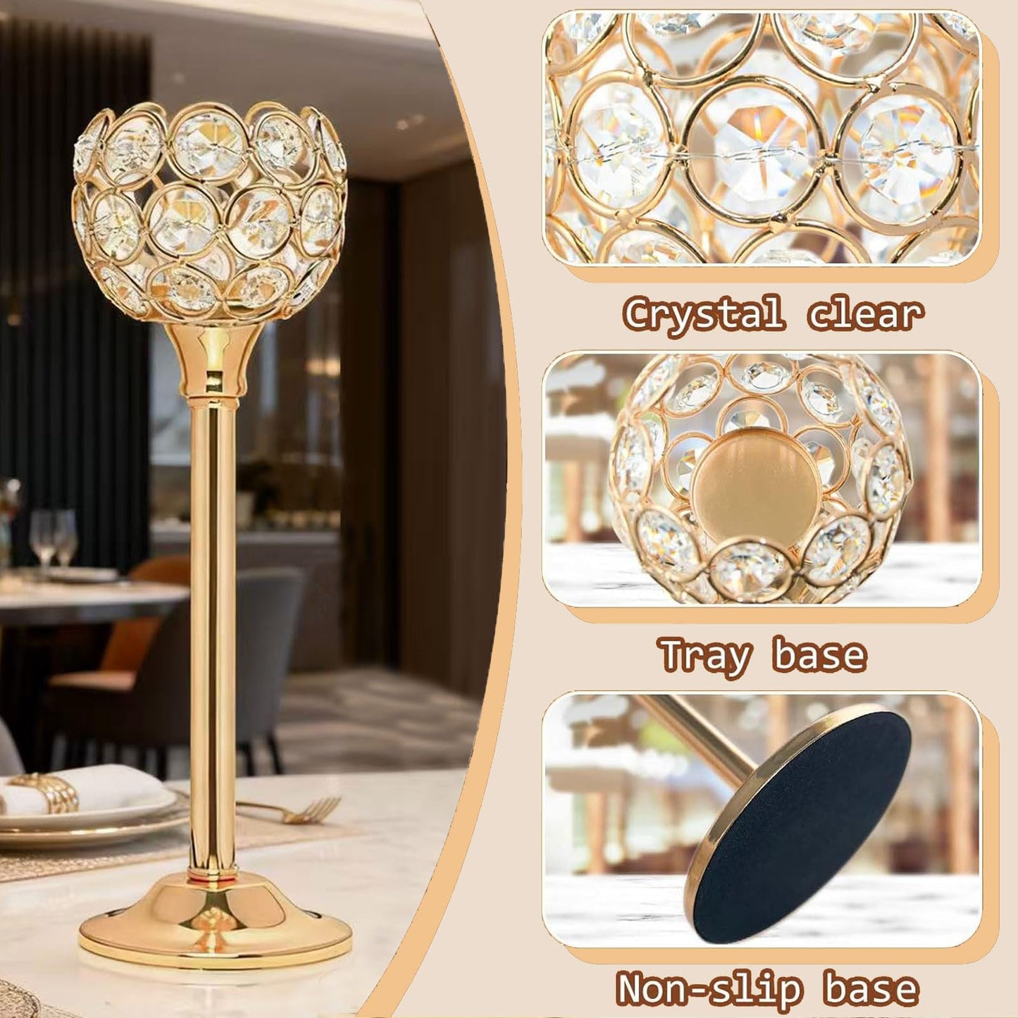 HearthLume Candle Holder Candlestick Holders- 2Set Gold Crystal Pillar Candle Holders,Metal Candlestick Stands for Wedding Centerpieces,Table Decor for Church,Valentine's Day Housewarming Gift,6Pcs