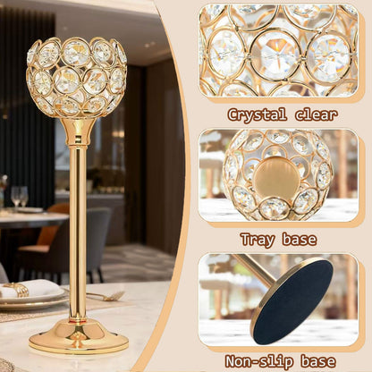 HearthLume Candle Holder Candlestick Holders- 2Set Gold Crystal Pillar Candle Holders,Metal Candlestick Stands for Wedding Centerpieces,Table Decor for Church,Valentine's Day Housewarming Gift,6Pcs