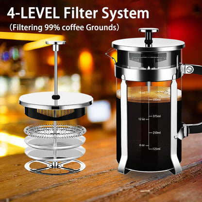 YMMIND French Press Coffee Maker 304 Stainless Steel Coffee Press,with 4 Filters System, Heat Resistant Thickness Borosilicate French Press Glass, BPA-Free Brewed Tea Pot Coffee Plunger(Copper 12oz)