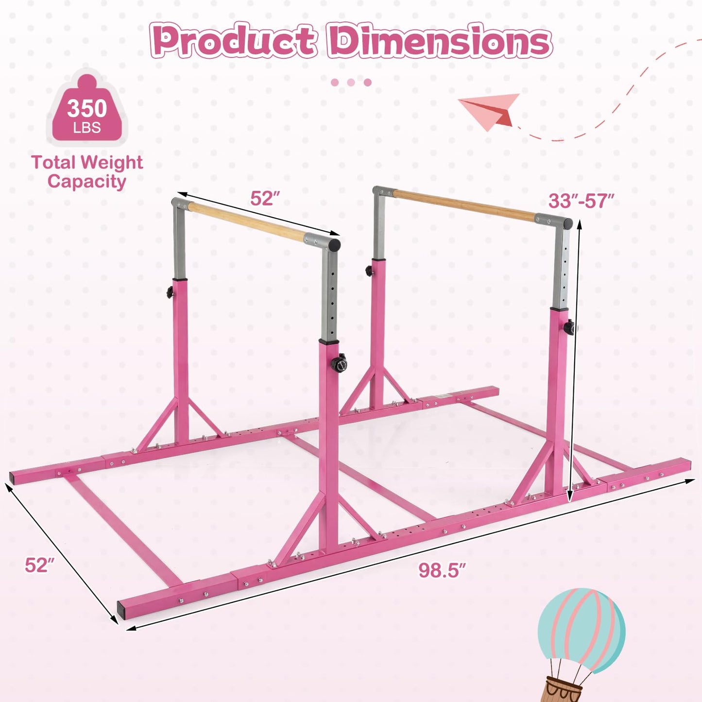Goplus Double Horizontal Bars, Junior Gymnastic Parallel Bars with 13-Level 33"-57" Adjustable Heights & 6-Level Adjustable Width, 350 LBS Capacity for Indoor Outdoor Training (Pink)