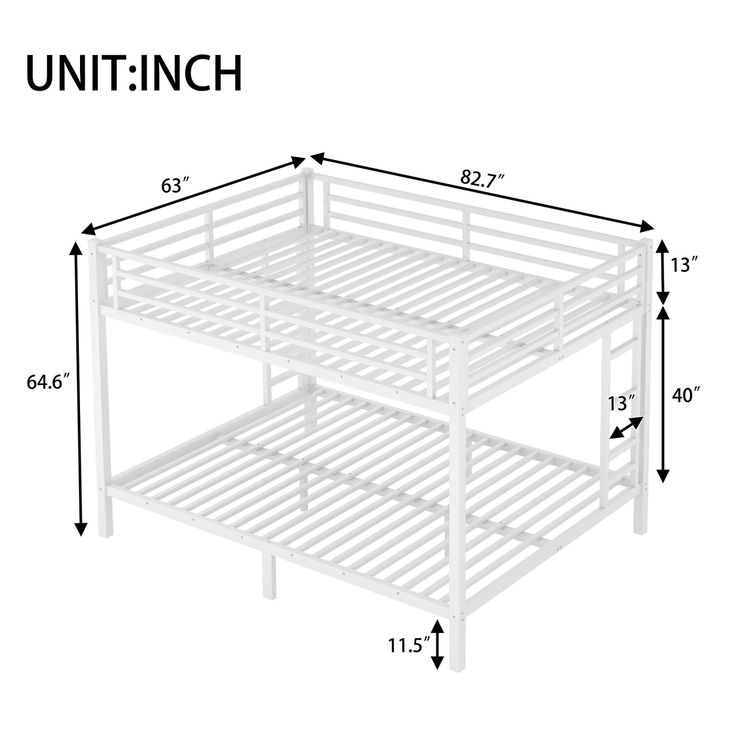 Bellemave Queen Over Queen Size Bunk Bed with Guardrail for Teens and Adults, Metal Bunk Bed Frame with 2 Ladders and Under Storage for Dorm and Bedroom, Noise Reduced, No Box Spring Needed, White