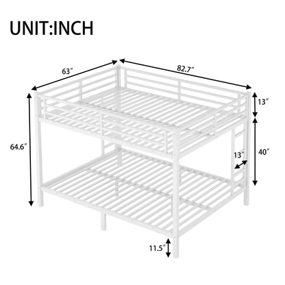 Bellemave Queen Over Queen Size Bunk Bed with Guardrail for Teens and Adults, Metal Bunk Bed Frame with 2 Ladders and Under Storage for Dorm and Bedroom, Noise Reduced, No Box Spring Needed, White