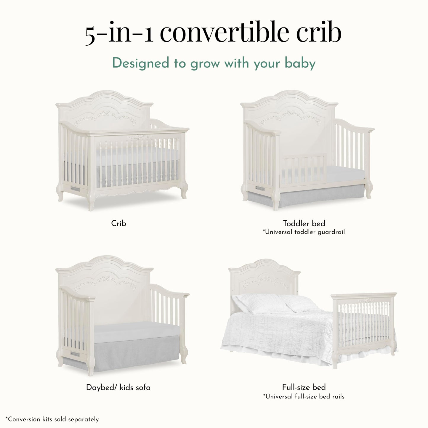 Evolur Aurora 5-in-1 Convertible Full-Size Baby Crib in Ivory Lace, GreenGuard Gold & JPMA, 3 Mattress HeightsRibbon Bow Scrollwork & Queen Anne Feet, Converts to Toddler, Day & Full-Size Bed