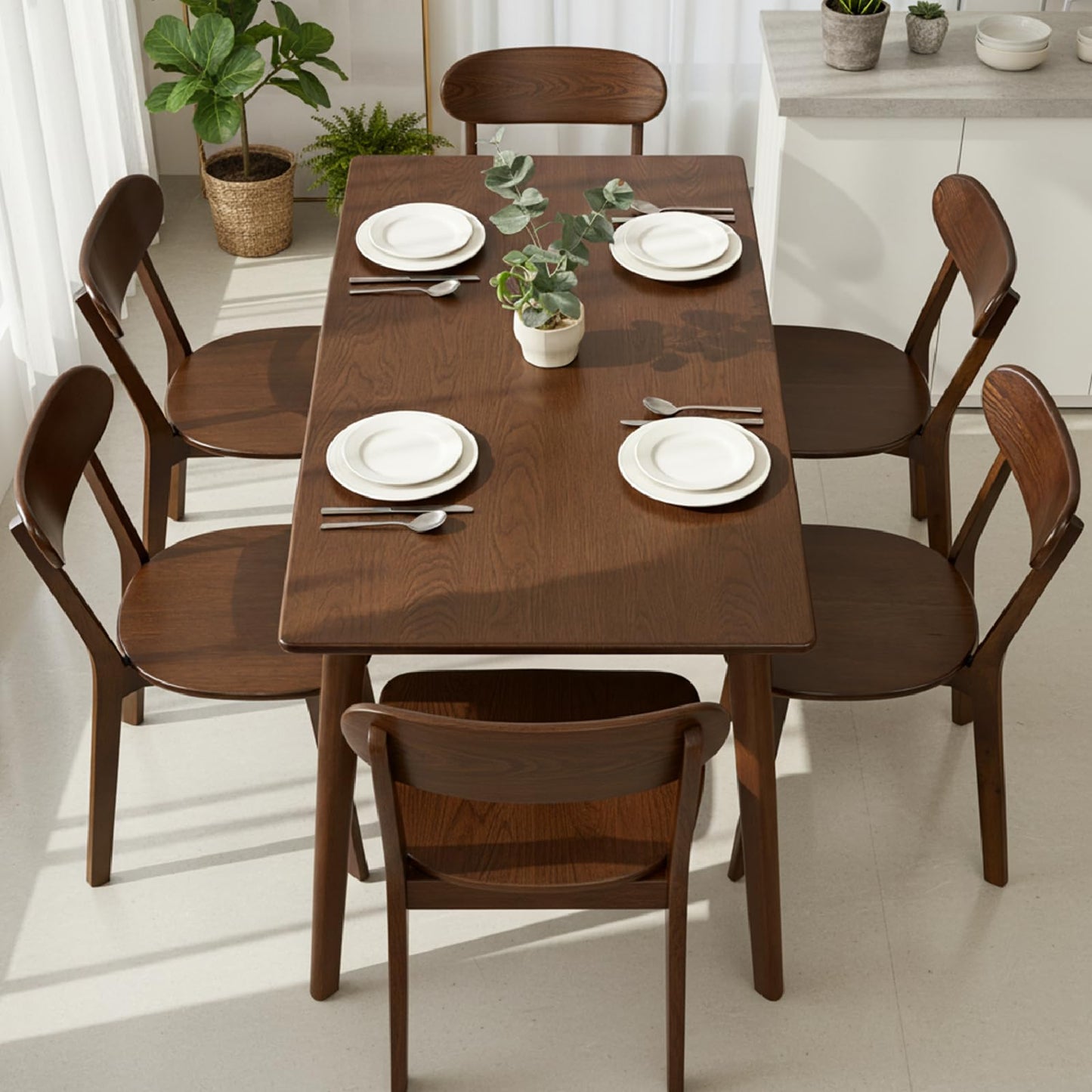 KEIKI Solid Wood Dining Chairs Set of 6, Mid Century Modern Kitchen Dinner Chair with Adjustable Foot Pads, Walnut Side Chairs Set for Dining Living Room, Curved Backrest, Easy Assembly, Brown