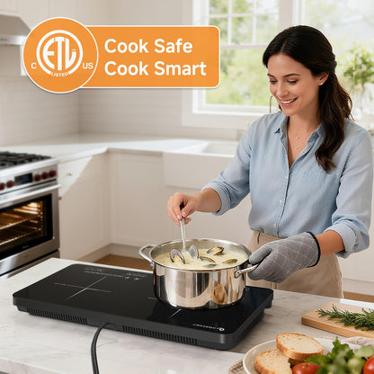 AMZCHEF Portable-Induction-Cooktop-2-Burner-ETL-Certified: 18 Power & 20 Temperature Levels Induction Burners 1800W, Independent Control,10-hour Timer, Safety Lock, Low Noise Electric Cooktops