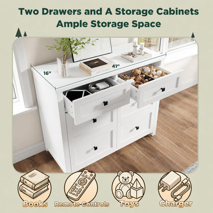 LUXOAK 41 Inch Sideboard Buffet Cabinet with Built-In Mini Fridge, 24-Can Beverage Cooler, TV Stand with Drawers & Storage for Living Room, White