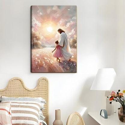 Jesus and Children Canvas Art Print - Soft Pink Sunset Wall Decor for Nursery & Living Room | 16x24 in