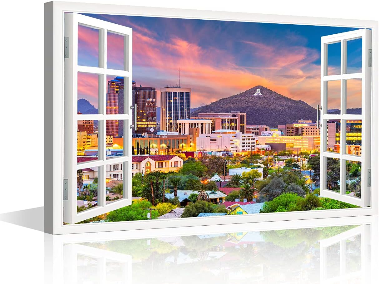Window View Paintings for Wall, Tucson Arizona Cityscape Canvas Art, 16"Wx24"H, Framed Ready to Hang