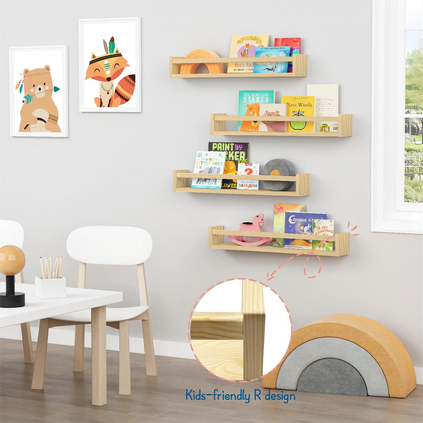 24 Inches (4-Pack) Forbena Natural Wood Nursery Bookshelves for Wall, Long Floating Book Shelves, Wall Mounted Bookcase