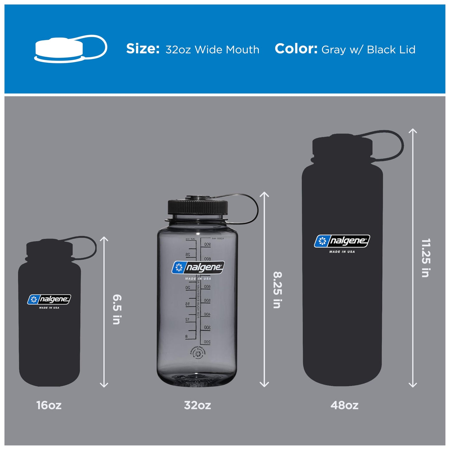 Nalgene 32 oz Wide Mouth Water Bottle | BPA-Free, Durable & Leak Proof, Lightweight Bottle for Hiking & Gym, Work & Travel, Gray w/ Black Lid