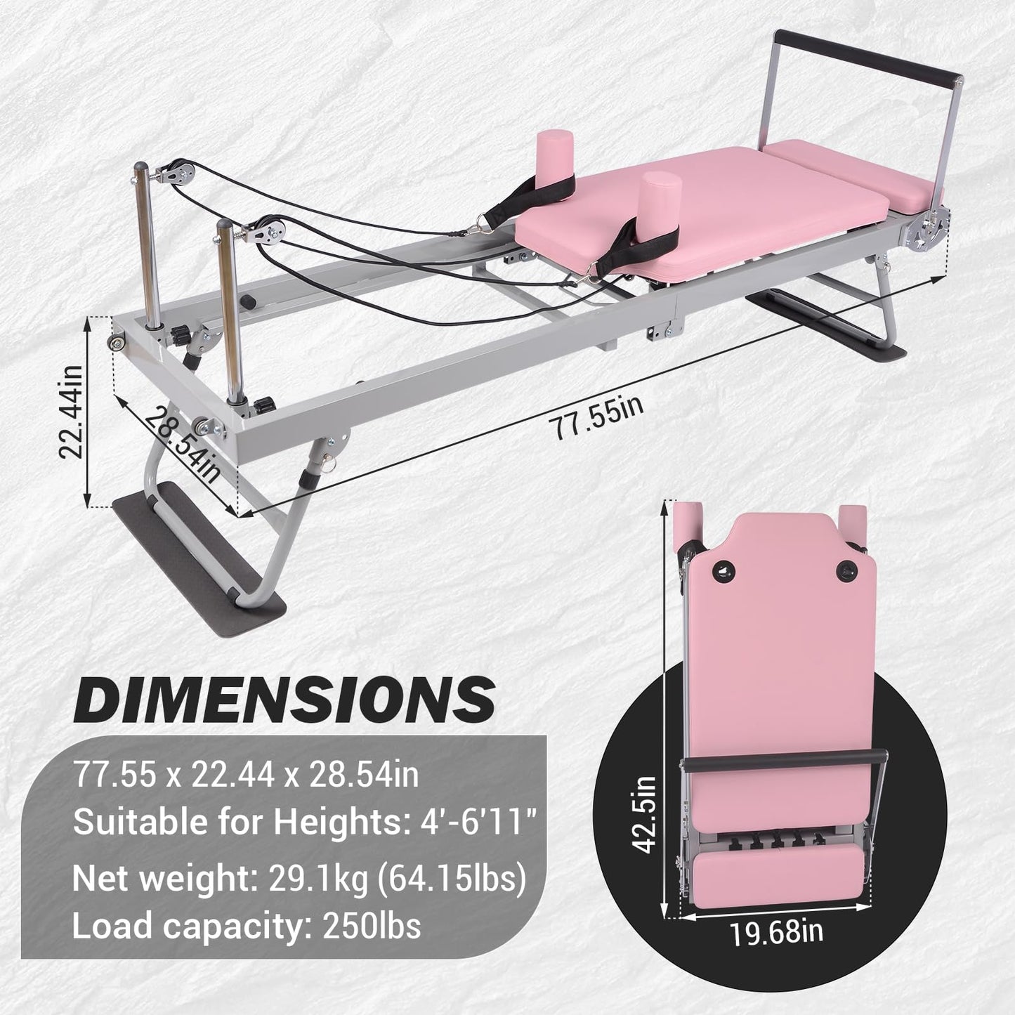 Pink Pilates Reformer | Foldable Pilates Reformer Machine for Home w/Resistance | Pilates Bed for All Levels