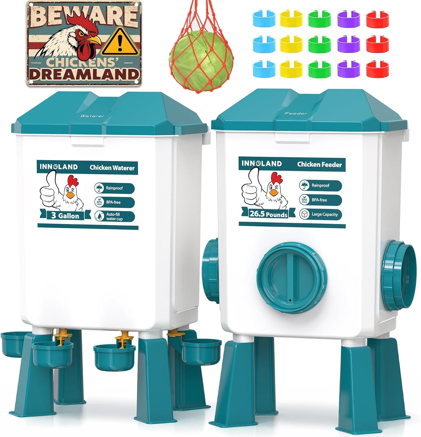 Set 3 Gallon/26.5 4 3 Chicken Feeder and Waterer - Pounds, Automatic Chicken Waterer with Cups & Feeder Ports, No Waste