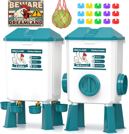 Set 3 Gallon/26.5 4 3 Chicken Feeder and Waterer - Pounds, Automatic Chicken Waterer with Cups & Feeder Ports, No Waste