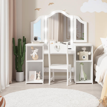Garvee Kids Vanity Table, Princess Makeup Desk & Chair Set Withtouch Light Detachable Tri-Folding Mirror, Open Storage Shelves, Wooden Girls Vanity Dressing Table, Pretend Play Vanity Set for Toddler