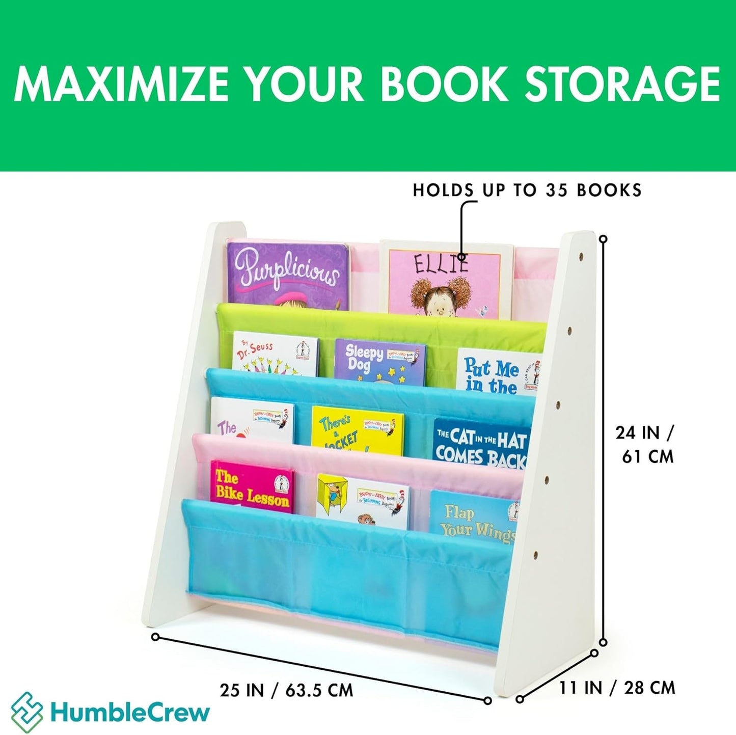 4-Tier Humble Crew Kids Bookshelf, White Wood/Pastels - Premium Book Shelf for Kids Rooms with Four Deep Pockets