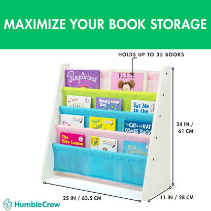 4-Tier Humble Crew Kids Bookshelf, White Wood/Pastels - Premium Book Shelf for Kids Rooms with Four Deep Pockets