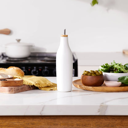 Grace Homewares Olive Oil Dispenser Bottle Stoneware Ceramic for EVOO or Vinegar | Modern Design | Large Capacity 16.9 ounce | Oil Container | White