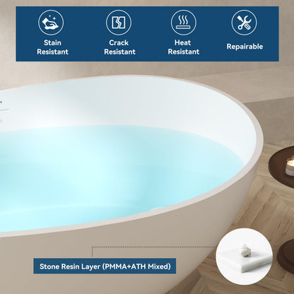 FerdY Lamu 63" Stone Resin Freestanding Bathtub, Gracefully Shaped Freestanding Bathtub, Solid Surface Soaking Tub, Matte White, cUPC Certified, Pop-up Drain and Integrated Slotted Overflow