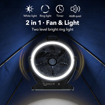 TUIAIAO Large 45000mAh Battery Operated Camping Fan Manual Tilt 50°, 12-Inch Blades Portable Rechargeable Outdoor Fan with 5 Speed, High Airflow, Cordless Floor Fan with Timer for Garage, Hurricane