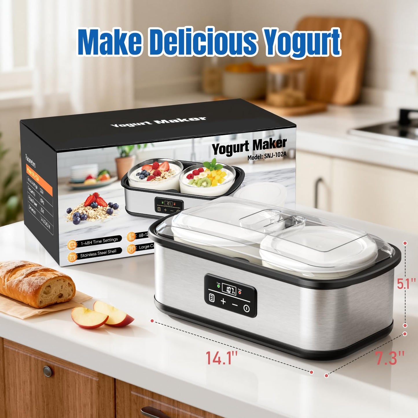 Adjustable Temp & Time Yogurt Maker with Auto Shut-Off, Constant Fermentation, with Two 1-Quart Glass Bowls for Homemade Probiotic Yogurt