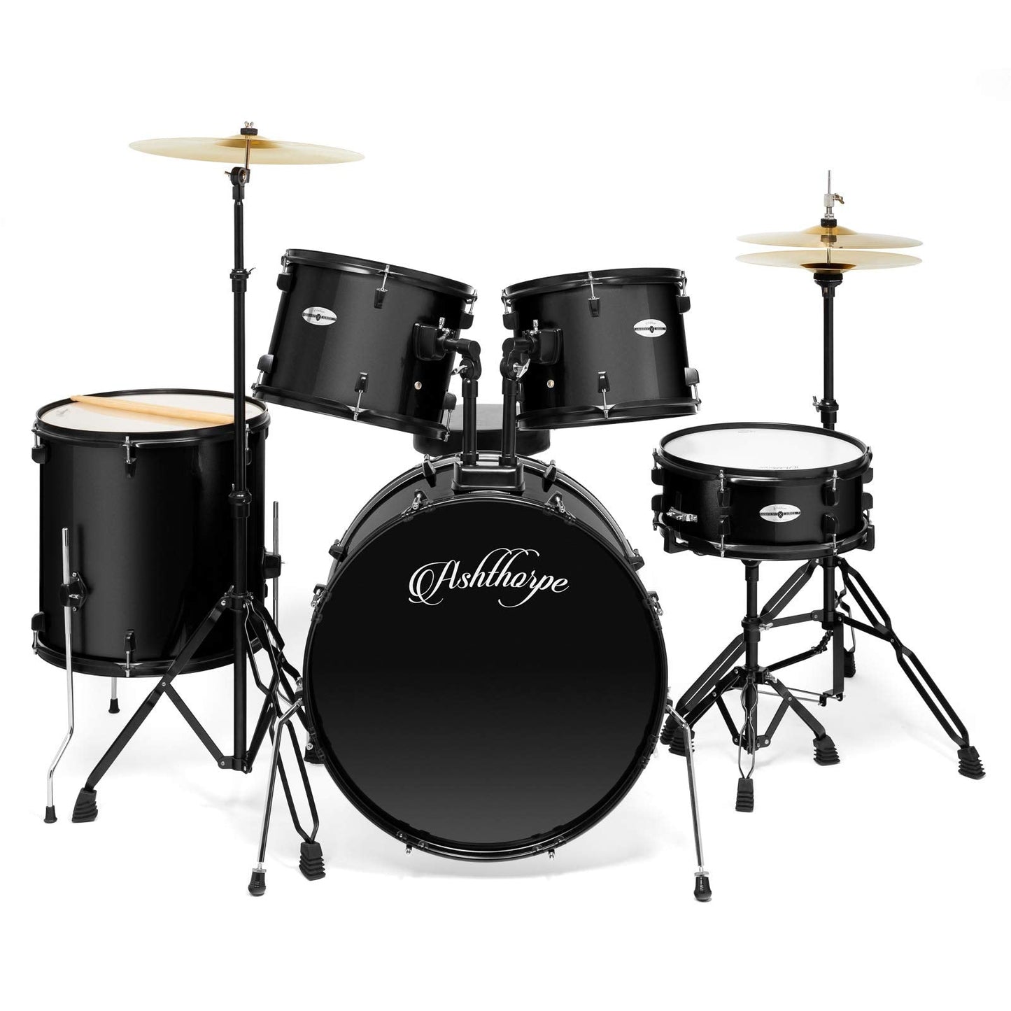 Ashthorpe 5-Piece Complete Full Size Adult Drum Set with Remo Batter Heads - Black