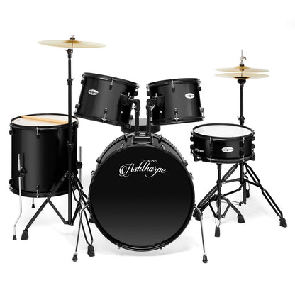 Ashthorpe 5-Piece Complete Full Size Adult Drum Set with Remo Batter Heads - Black