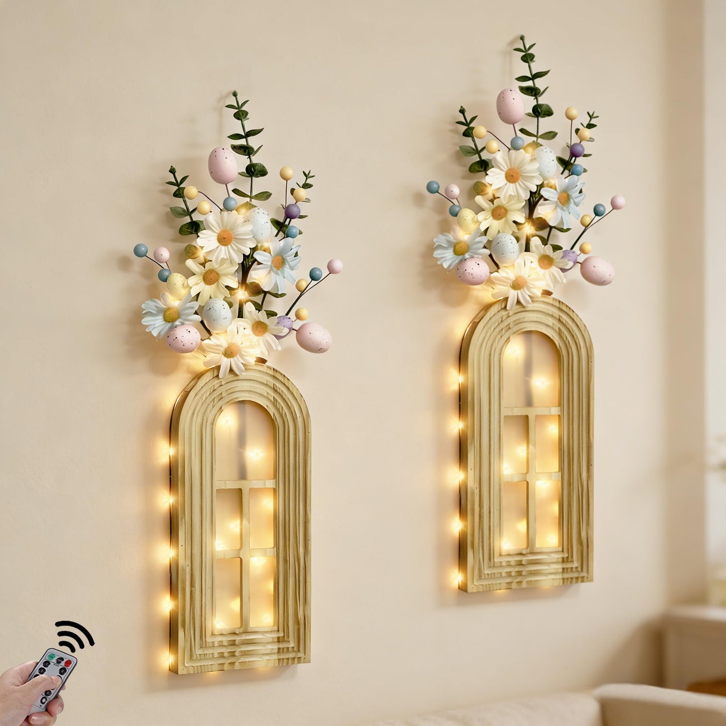 HOMECOR Easter Wall Decor Set of 2 - Boho & Modern Farmhouse Hanging Wooden Vase with Fairy Lights & Artificial Plants, Spring Wall Art for Living Room, Bedroom, Bathroom, Mothers Day Home Decor Gift