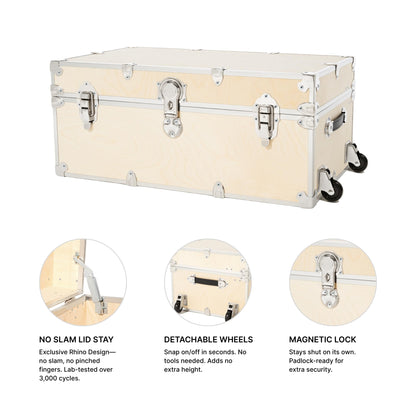 Rhino Trunk & Case Naked XL Trunk with Wheels - 34"x20"x15", 1500+ lbs Capacity, Soft-Close Lid. Strong, USA Made Summer Camp Footlocker, Secure College Dorm Chest, Natural Wood Home Storage Box