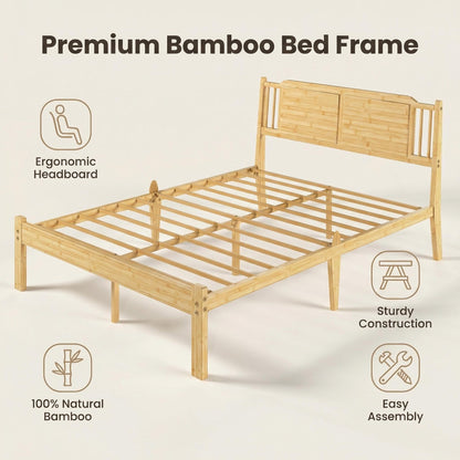 Askeld Bamboo Queen Bed Frame with Headboard, 14 inch Wood Platform Bed Frames Queen Size No Box Spring Needed, Rustic Farmhouse Heavy Duty Bedframe Noise Free, Easy Assembly