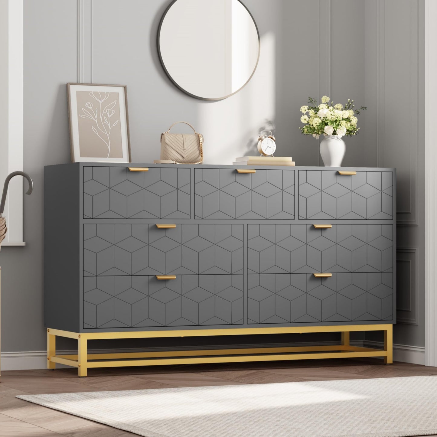 Dresser for Bedroom, 53.5" Wide Dresser Organizer, 7 Drawer with Golden Metal Handle and Legs, Modern Chest of Drawers for Closet, Hallway, Living Room, Entryway, Grey