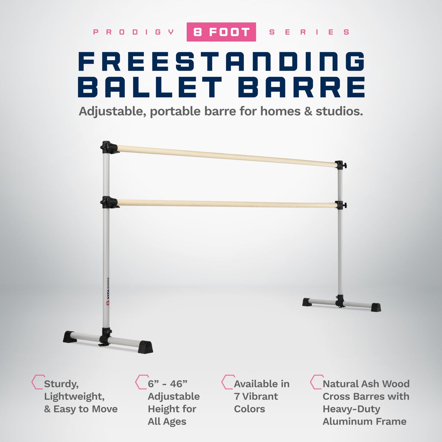 VITA Barre Portable Freestanding Double Ballet Barre, Prodigy, 8 Ft Wood Bars, Satin Silver | Adjustable Height, USA Made, Home or Gym Exercise Equipment for Kids & Adults | Dance, Fitness, Pilates