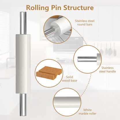 Mepple Marble Rolling Pin with Stainless Steel Handle for Baking,Fondant,Pizza,Cookie Crust,Pie,Cookies,Pastry, 18.5”(Includes handle) Marble Rolling Pin with 3 Multi-Color Thicknesses and Wood Stand