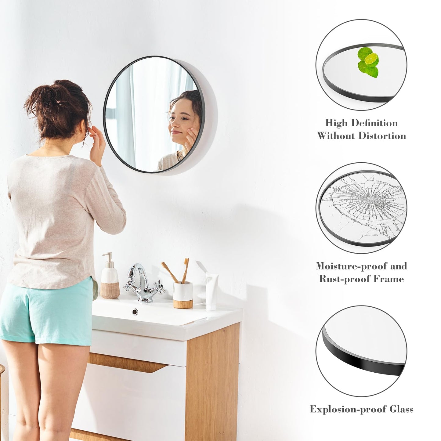 Sweetcrispy 20in Round Bathroom Mirrors for Wall, Bathroom Mirrors for Over Sink, Wall Decor for Bathroom, Entryway, Bedroom, Vanity, Classical Black