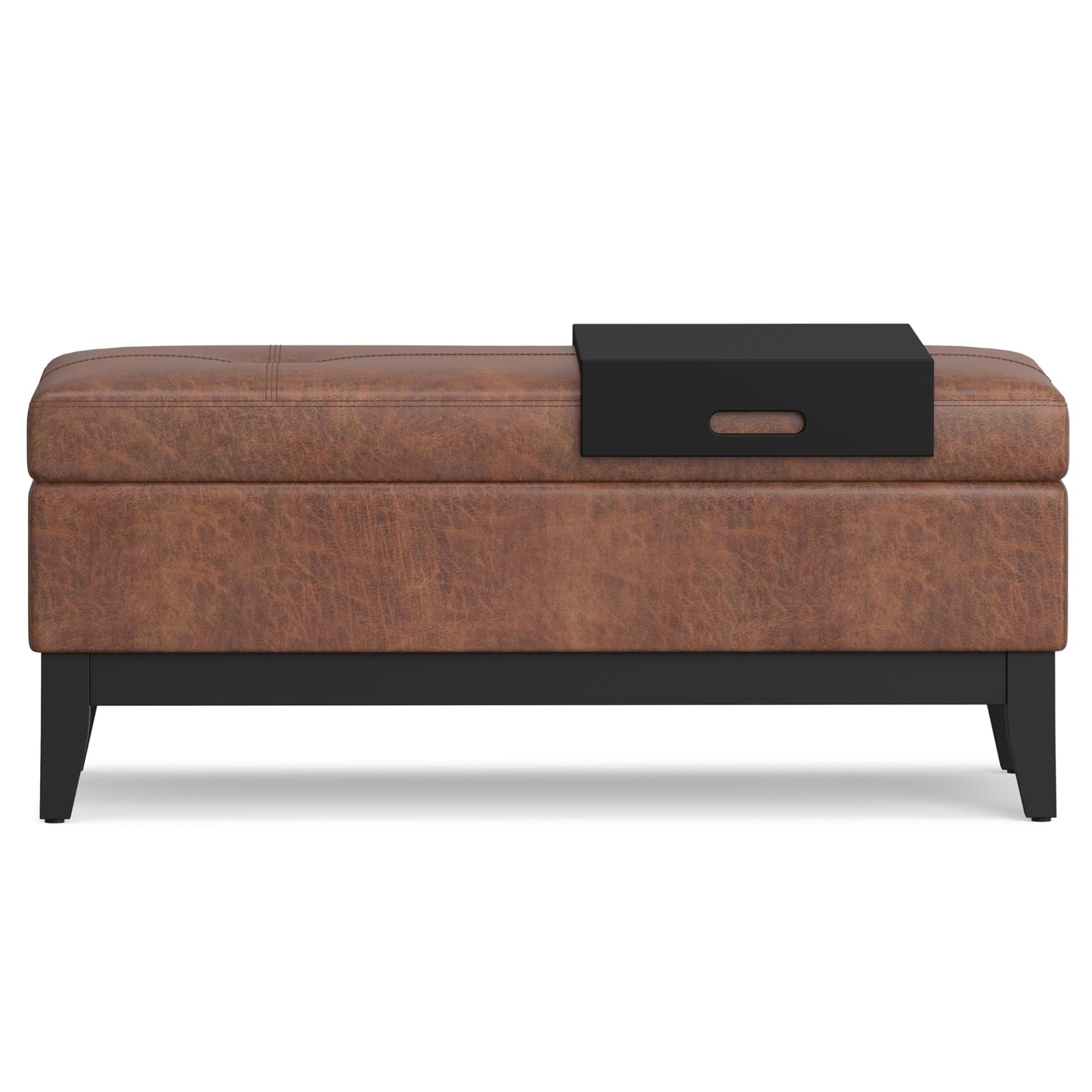 SIMPLIHOME Oregon Storage Ottoman Bench with Tray - 42 inch Wide Vegan Leather Rectangle Storage Ottoman Bench in Distressed Saddle Brown, Transitional Tufted Ottoman for Living Room with Lift-Up Lid
