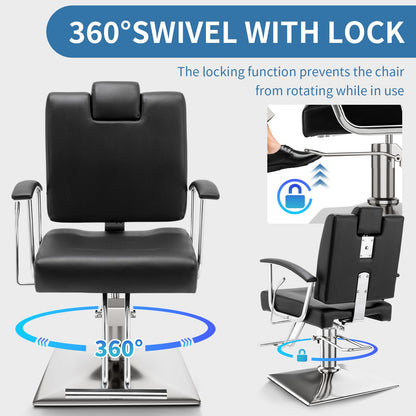 Barber Reclining Chair with Headrest - Heavy Duty Hydraulic Pump Height Adjustable,360°Swivel ,Max Load Weight 440 Lbs,Beauty Salon Spa,Barbershop,Hairdresser Cutting,Styling Stylist,Braiding (Black)