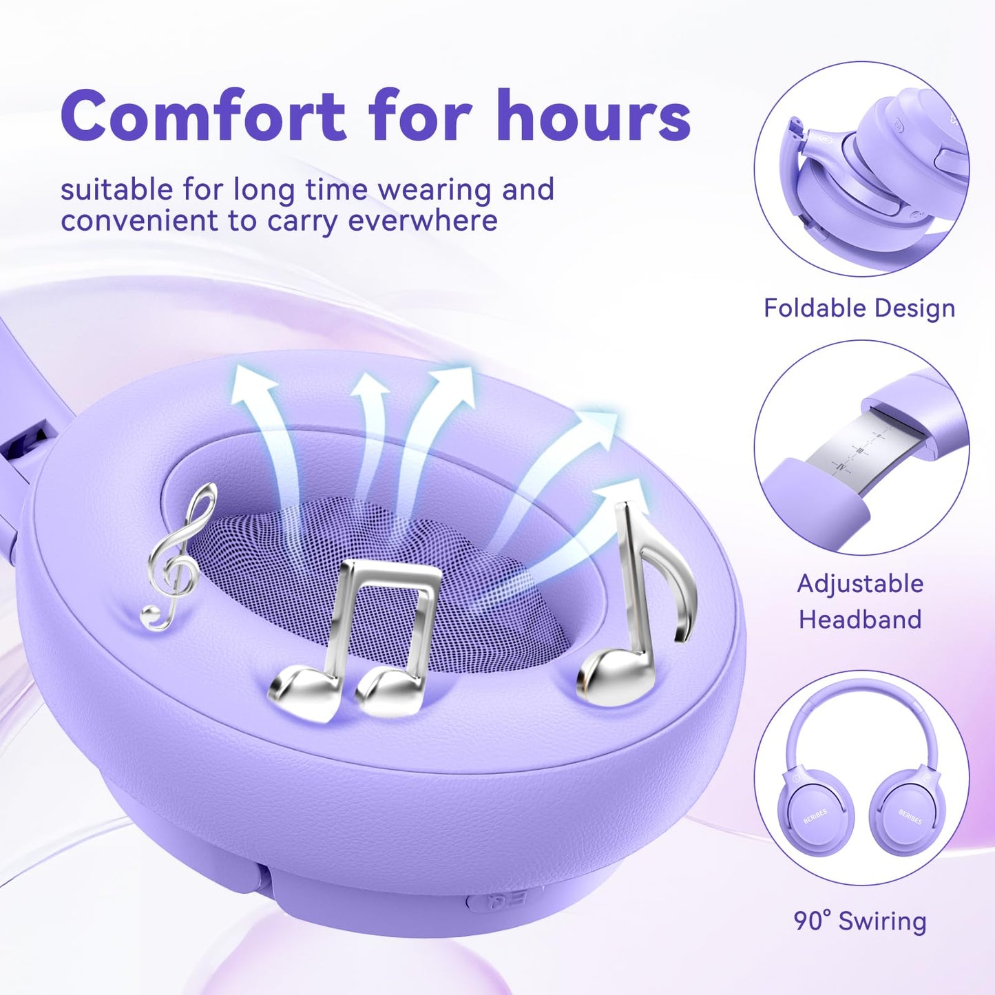 BERIBES Bluetooth Headphones Over Ear, 65H Playtime and 6 EQ Music Modes Wireless Headphones with Microphone, HiFi Stereo Foldable Lightweight Headsets, Deep Bass for Home Office Cellphone PC Ect.