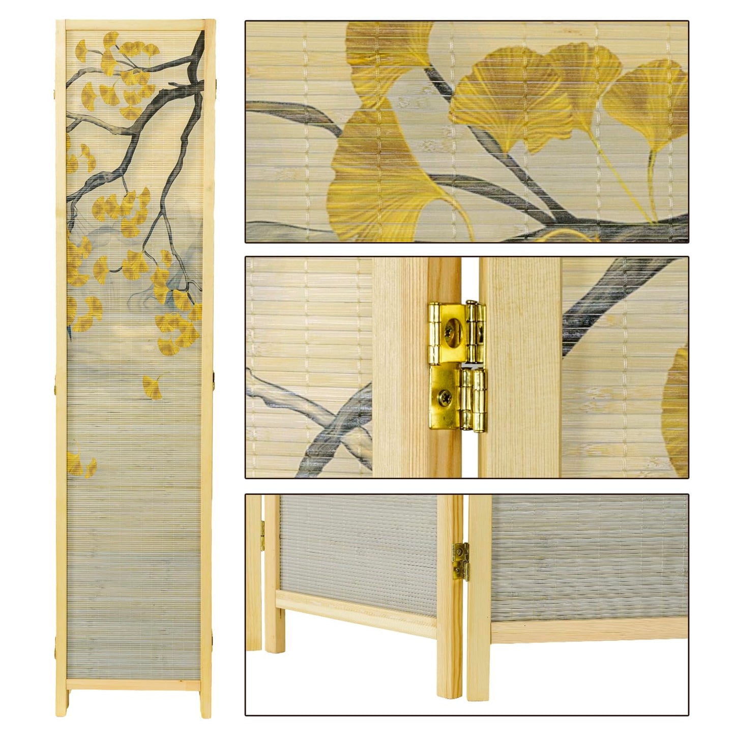 MyGift 6 Panel Large Bamboo Room Divider with Dual Sided Asian Birds Gingko Biloba Tree Sunset Design Print, 6FT Freestanding Artwork Privacy Partition Folding Screen with Beige Solid Wood Frame