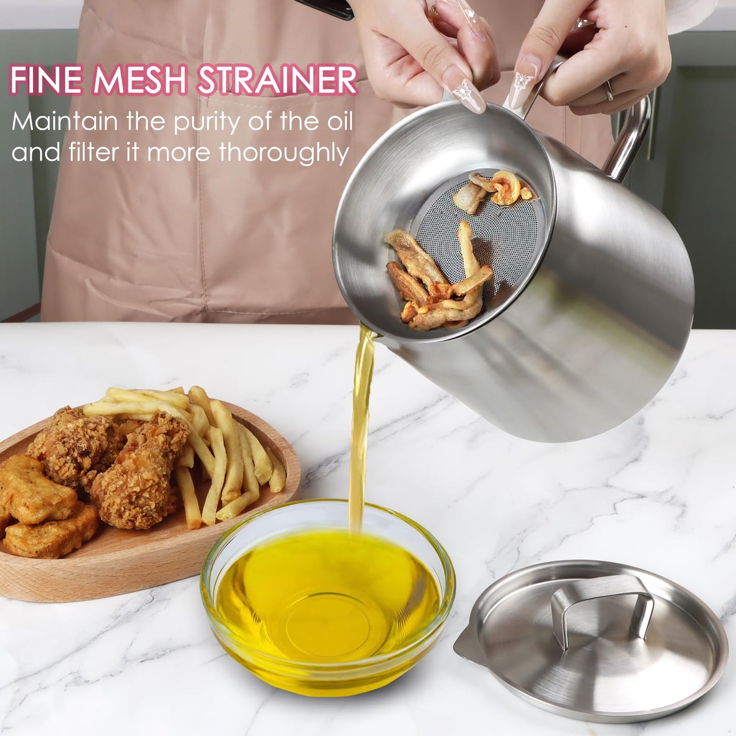 68oz 304 Stainless Steel Oil Filter Pot, Heavy Duty Bacon Grease Container & Deep Fryer Basket, Large Capacity Multi-function Oil Filter Vessel with Strainer for Kitchen Storing Frying Cooking Grease