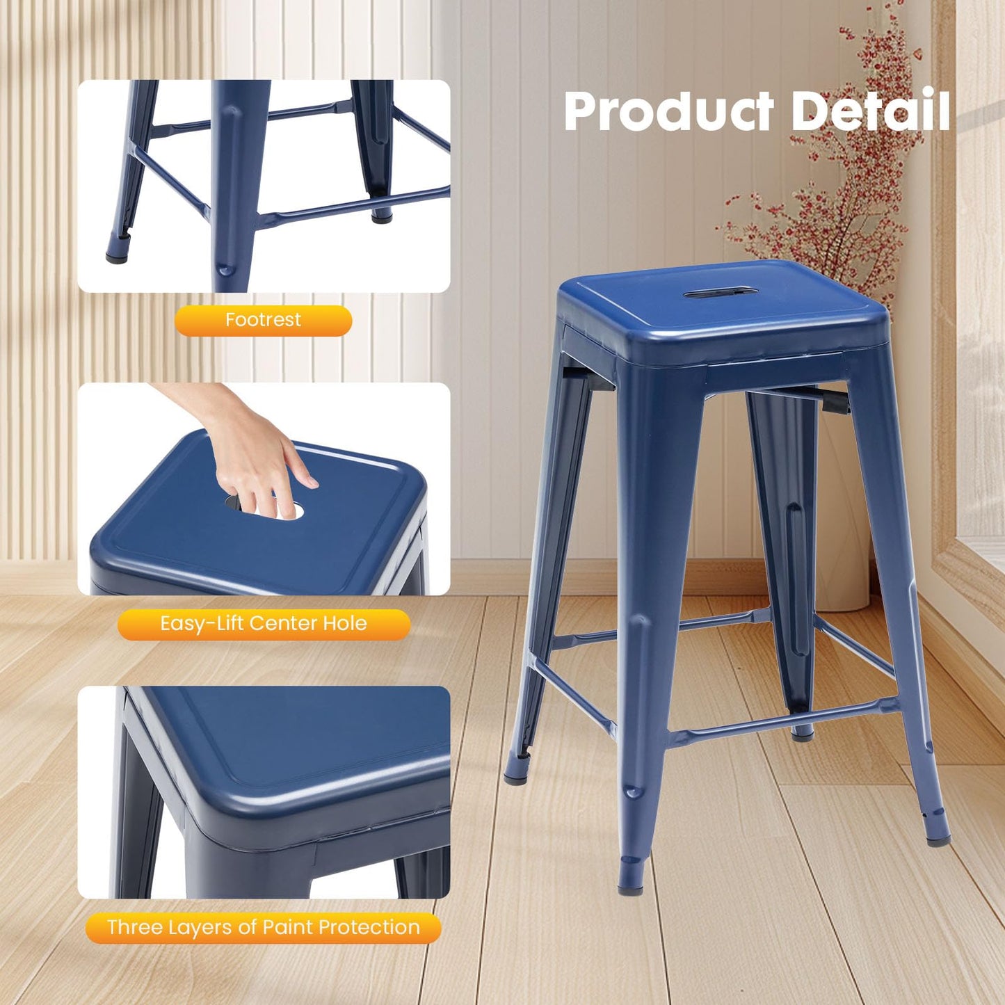 Sweetcrispy Metal Bar Stools Set of 8, 24 Inch Stackable Restaurant Classic Trattoria Metal Chairs, Backless Counter Height Barstool Chairs for Dining Room, Kitchen Island, Indoor Outdoor Use, Blue