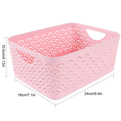 STARVAST 5 Pack Plastic Storage Baskets, Portable Pink Fish Scale Pattern Hollow Desktop Storage Bin Box with Handle for Kitchen, Bathroom, Kids Room or Nursery Storage – 9.4 x 7.1 x 4.1 inches