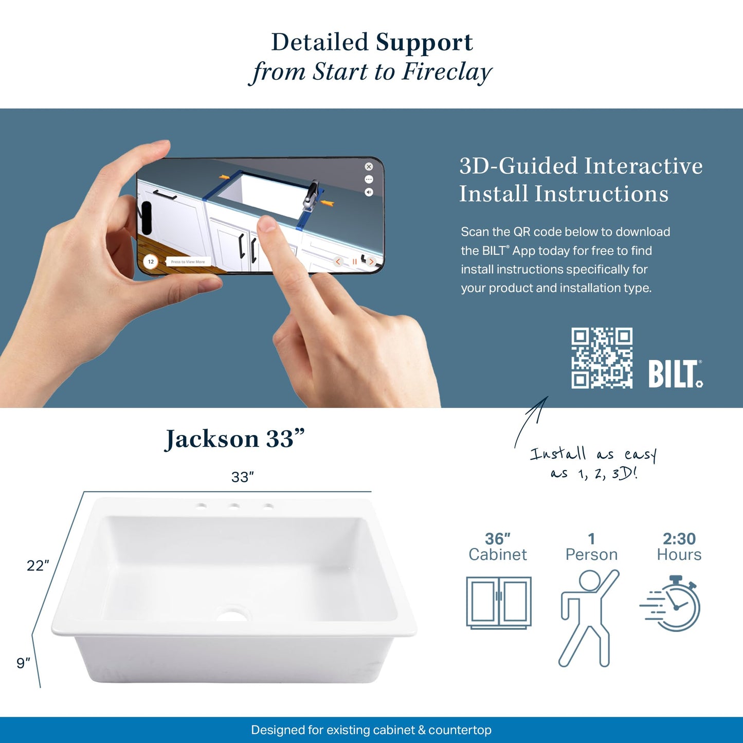 Sinkology Jackson Matte Black Fireclay Drop-In Kitchen Sink - 33 Inch Single Bowl - SureFire Fireclay Won't Chip, Crack, or Stain - 3-Hole - Sinkology Everyday Warranty - Fits 36 Inch Cabinet
