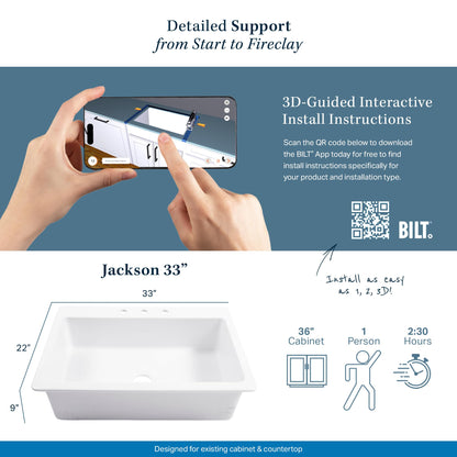 Sinkology Jackson Matte Black Fireclay Drop-In Kitchen Sink - 33 Inch Single Bowl - SureFire Fireclay Won't Chip, Crack, or Stain - 3-Hole - Sinkology Everyday Warranty - Fits 36 Inch Cabinet