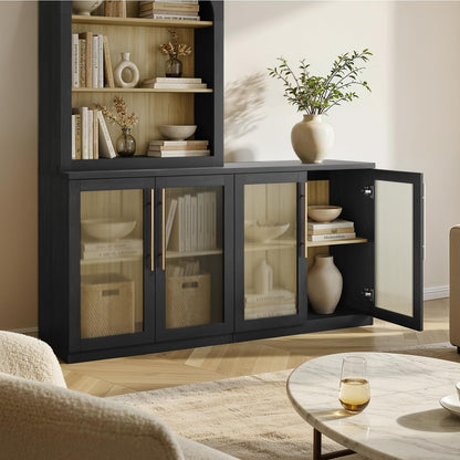ModernMate Set of 2 Accent Sideboard Cabinets, 62" Modular Storage Buffet Table with Acrylic View Doors, Black Wood Grain Media Console with Soft-Close Hinges for Living Room, Dining Room