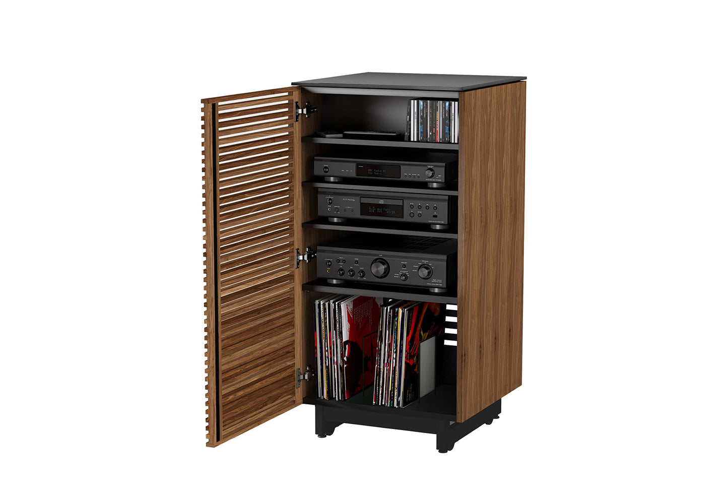 BDI Furniture Corridor 8172-22'' Audio Cabinet with Flow-Through Ventilation, Cable Management, Adjustable Shelves, Louvered Doors, Satin-Etched Tempered Glass Top, Natural Walnut