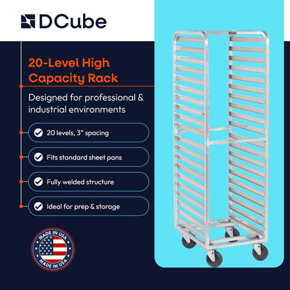 DCUBE Aluminum 20-Pan Bakery Rack with 3" Spacing, Heavy-Duty Double-Welded Frame, Side Load Pan Slides, 5" Polyolefin Swivel Casters, Commercial Sheet Pan Rack for Bakery, Kitchen & Food Service