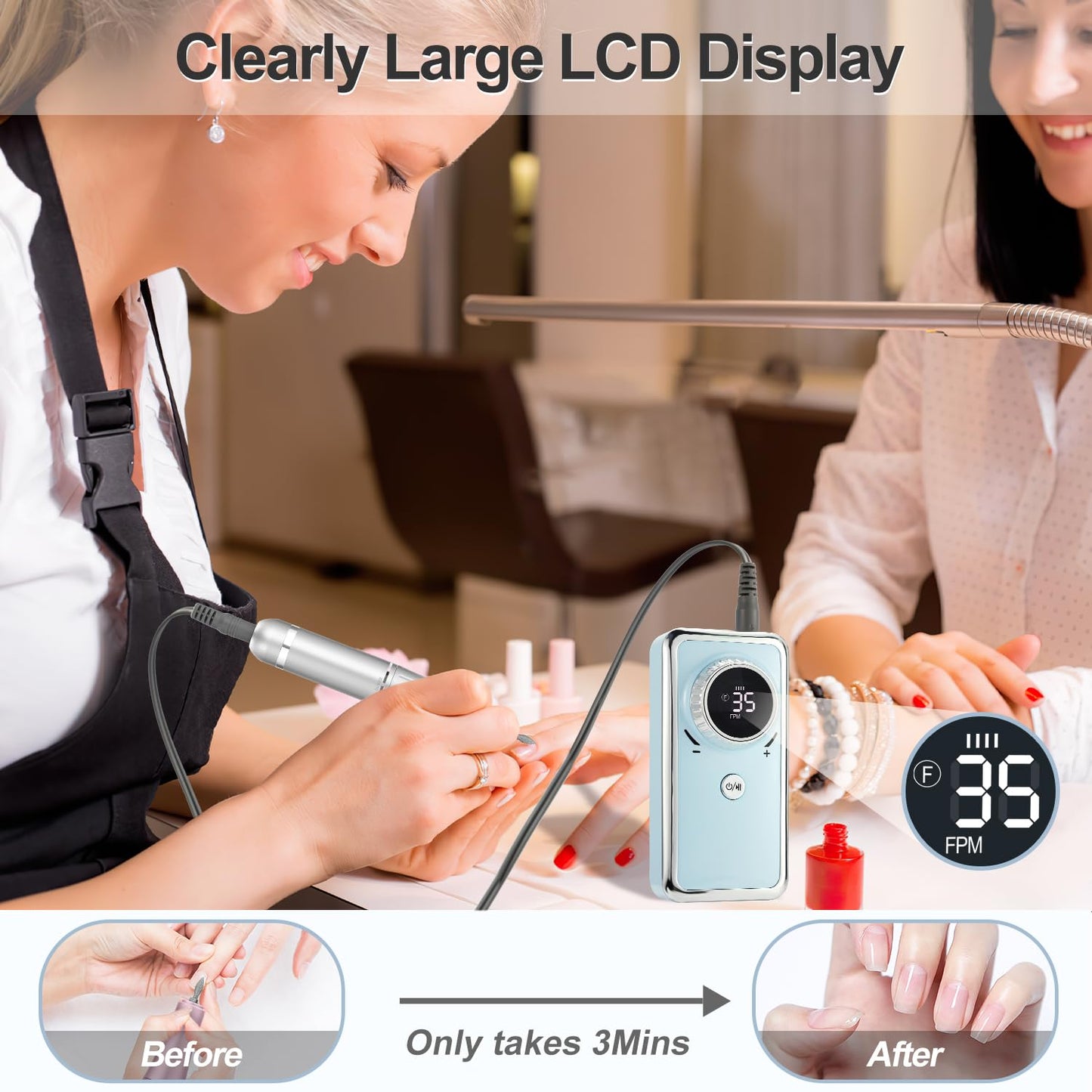 Electric Nail Drill Professional, 35000RPM Portable Efile Nail Drill with 11Pcs Nail Drill Bits, Rechargeable Nail Drill Machine with LCD Display for Acrylic Nail Remove Gel Polish for Home Salon Use