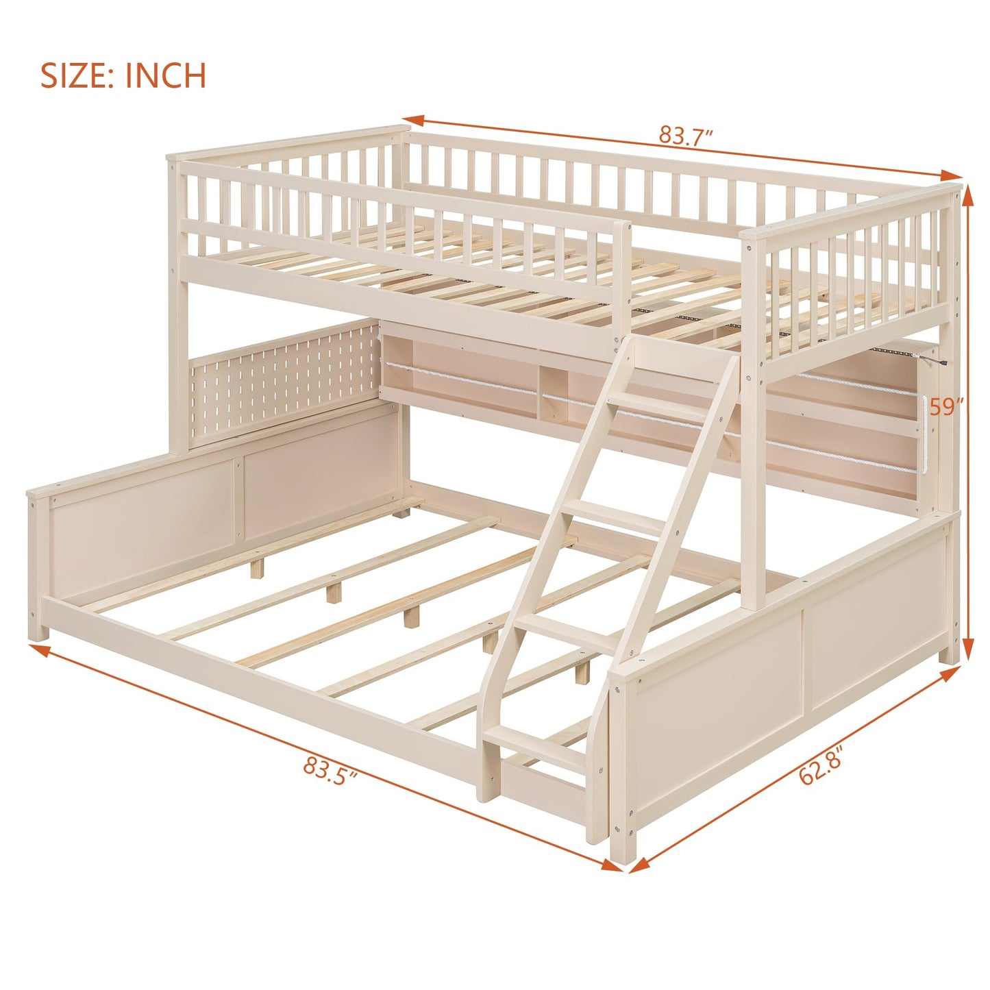 Merax Twin XL Over Queen Wood Bunk Bed Frame with Integrated Side Storage Shelves and Anti Falling Rope, Color-Changing Lights, Pegboard, Safe Guardrail and Ladder, for Teens, Adults, Guests (Beige)