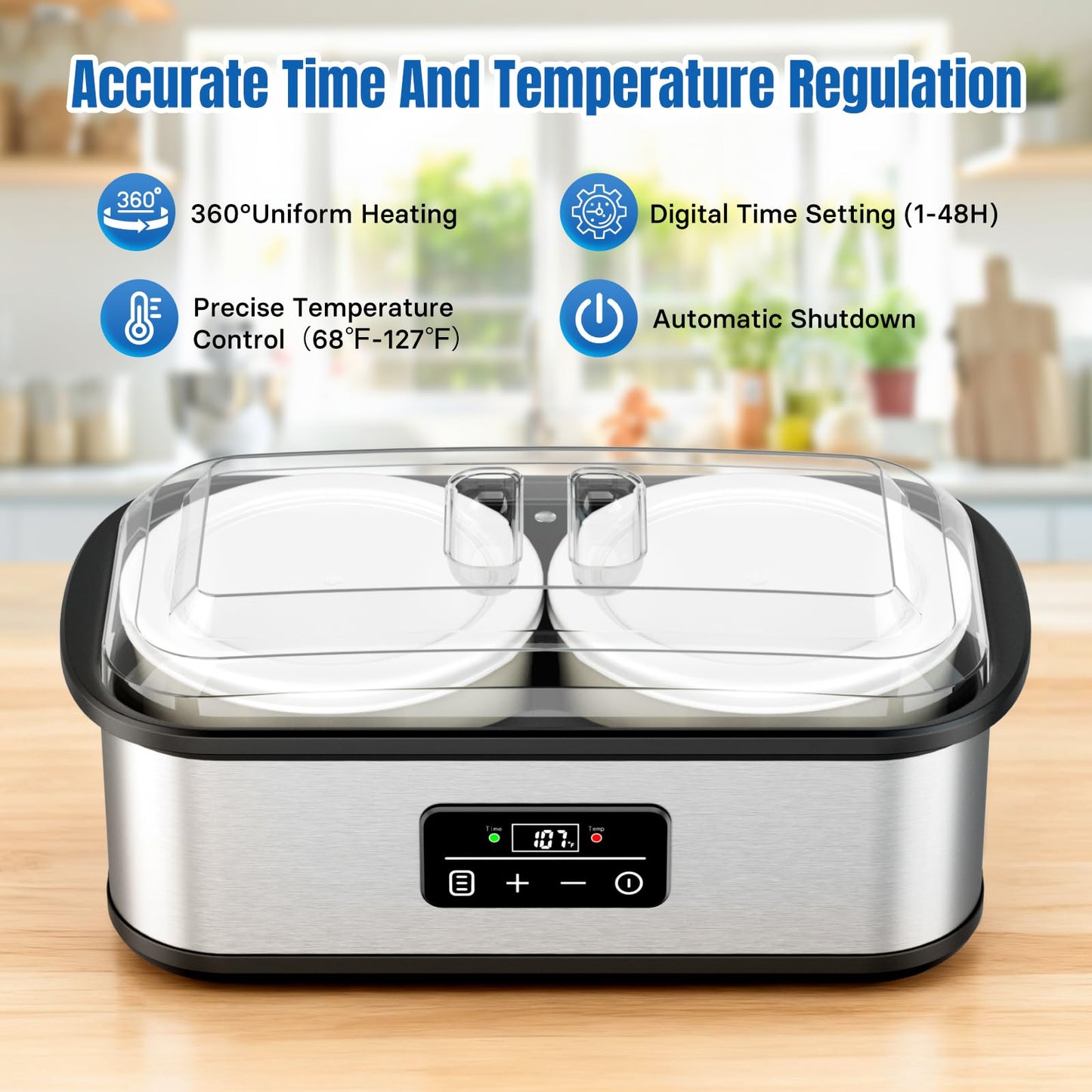 Adjustable Temp & Time Yogurt Maker with Auto Shut-Off, Constant Fermentation, with Two 1-Quart Glass Bowls for Homemade Probiotic Yogurt